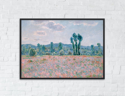 Poppy Field Art print by Monet framed hanging on wall