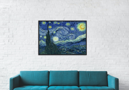 van gogh's starry night art print in living room next to couch