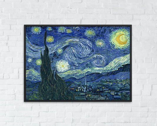 starry night by van gogh art print with black frame hanging on wall