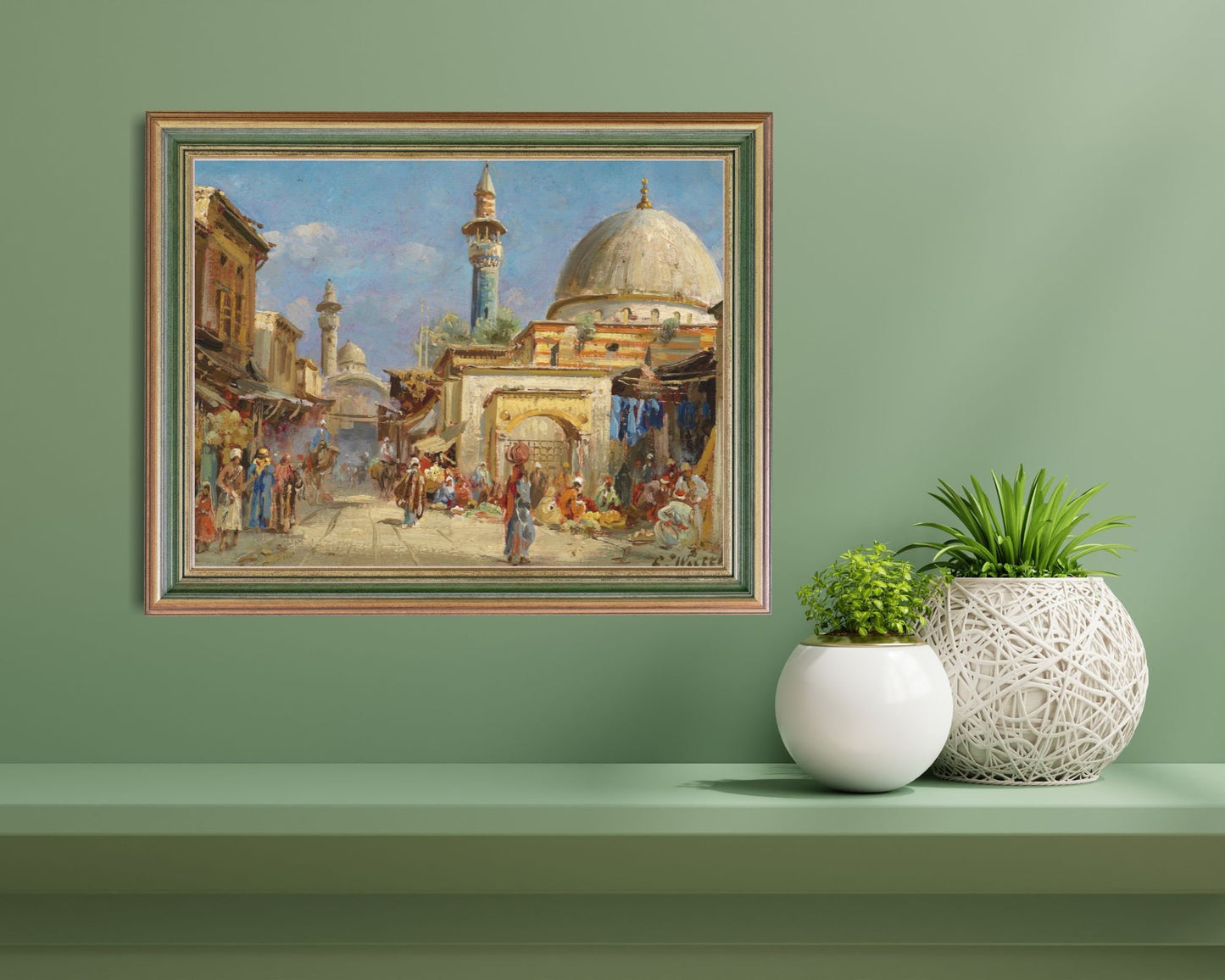 Orientalist Street syria by Carl Wuttke Art print framed hanging on wall above shelf