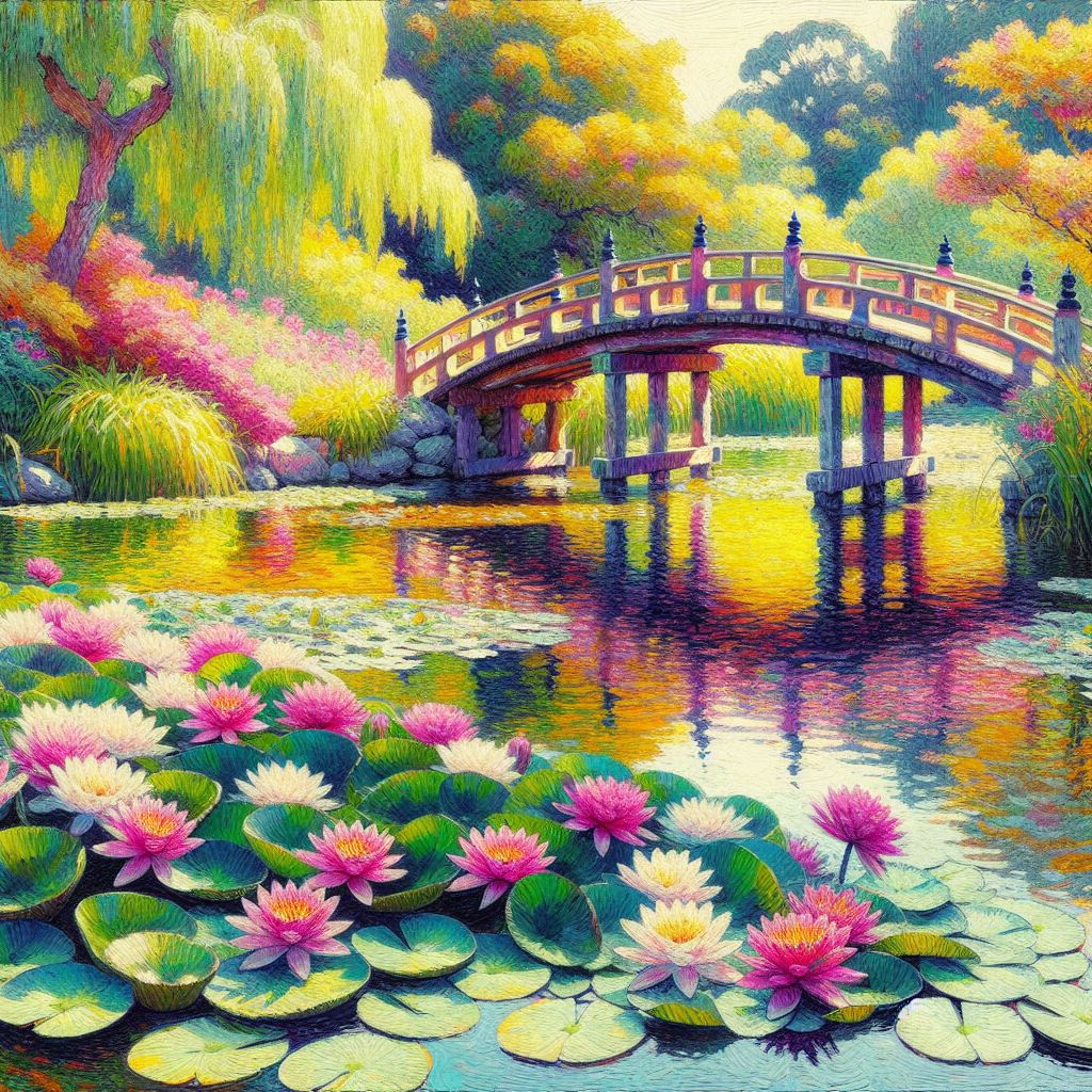 ai generated art of water lilies and bridge painting by claude monet