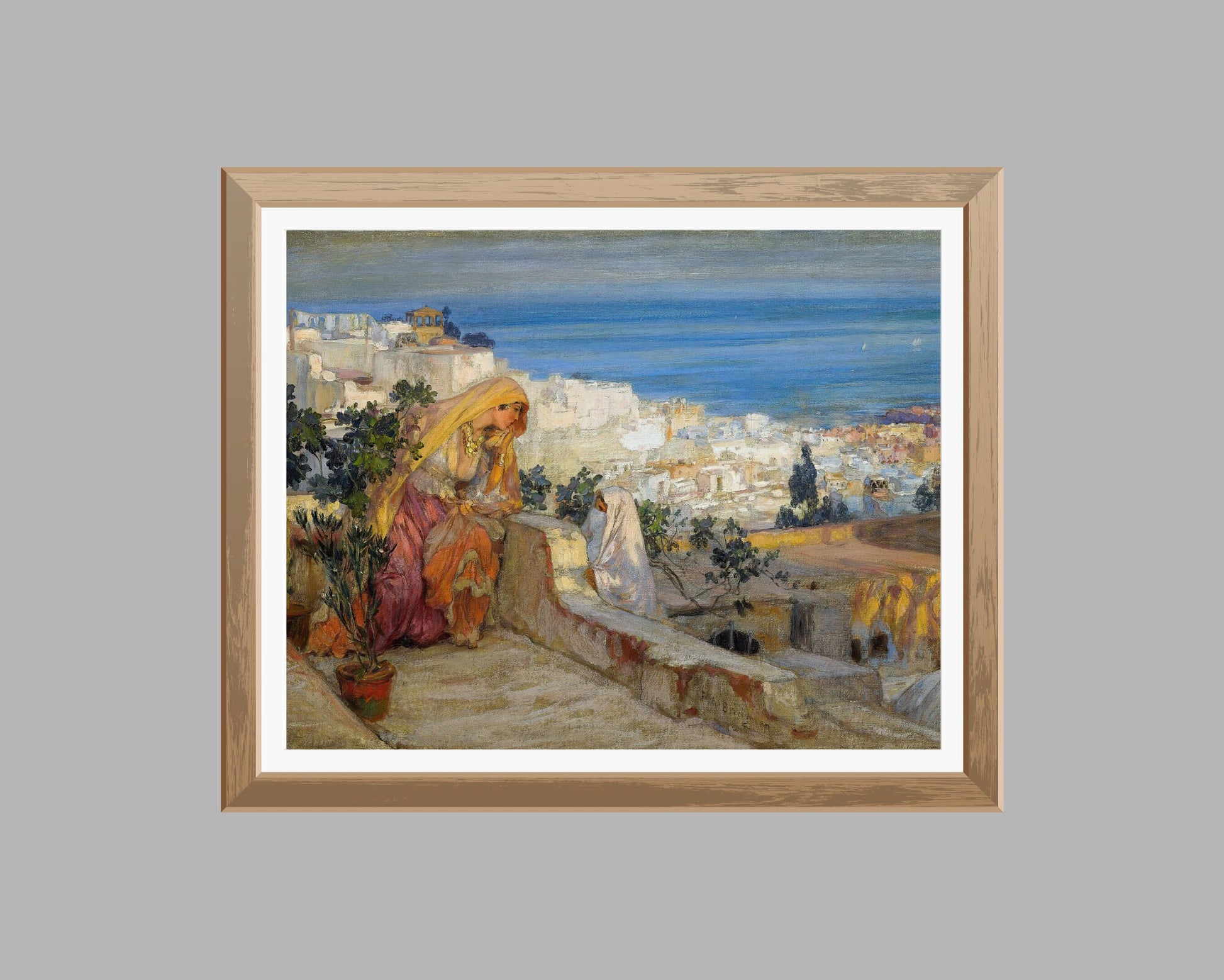 Arab Women on a Rooftop, Algiers Beyond by Frederick Bridgman Wall Art Print wood frame