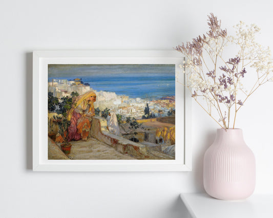 Arab Women on a Rooftop, Algiers Beyond by Frederick Bridgman Wall Art Print white frame