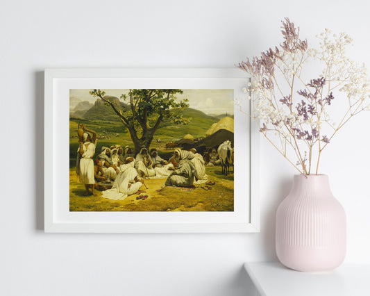 The Arab Tale Teller Painting by Horace Vernet Art Print white framed hanging on wall next to white vase