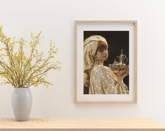 Middle Eastern Art Print The Coffee Service by Carl Haag framed hanging above shelf