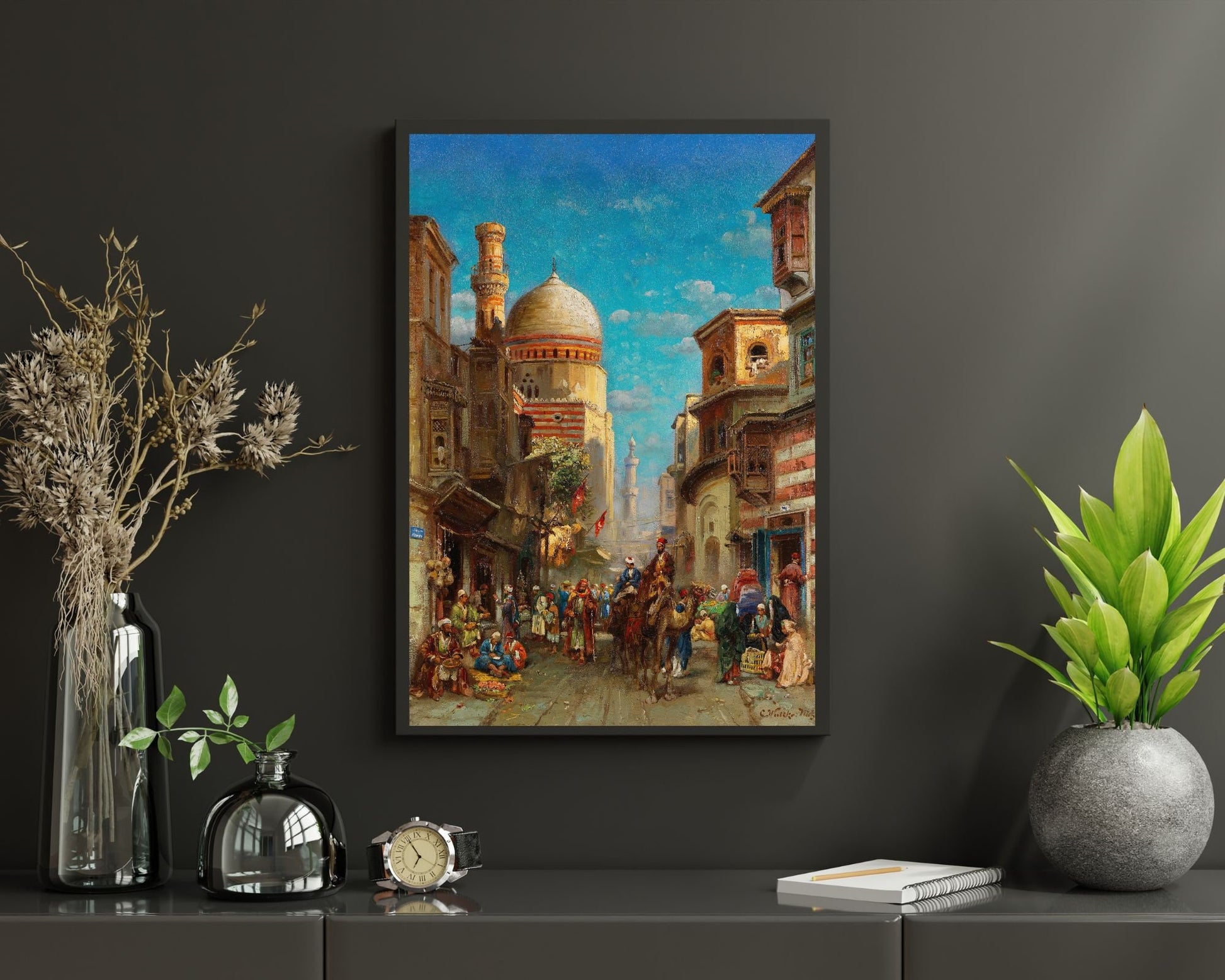 Street Scene at Kait Bey Mosque Painting by Carl Wuttke Art Print framed hanging above wall shelf