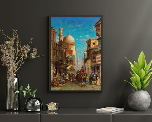 Street Scene at Kait Bey Mosque Painting by Carl Wuttke Art Print framed hanging above wall shelf
