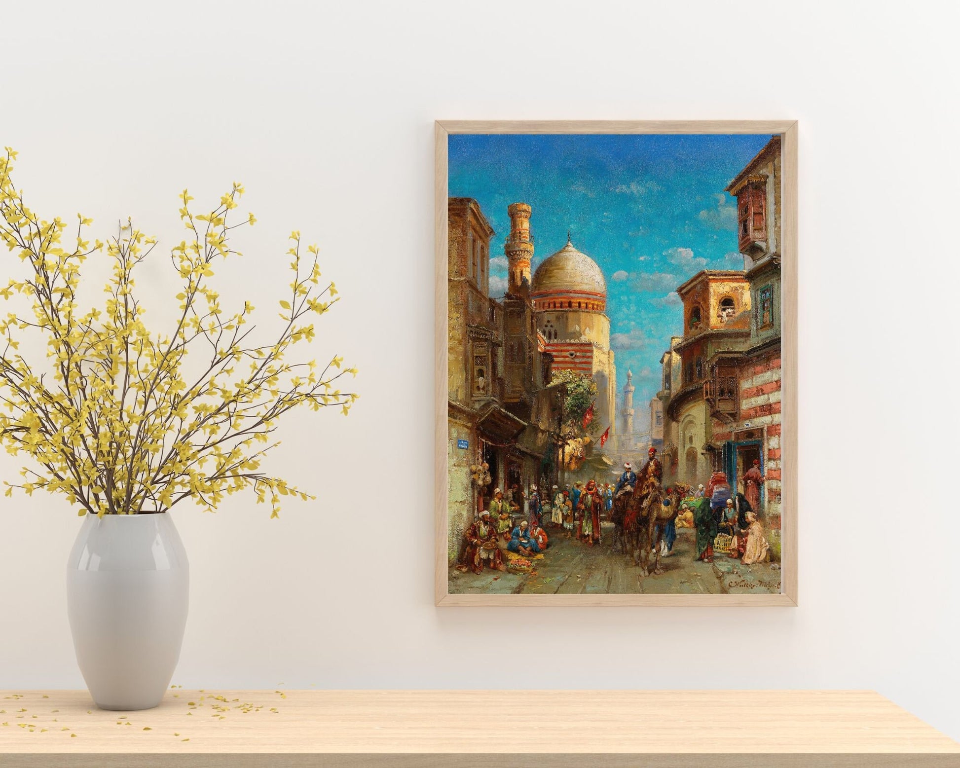 Street Scene at Kait Bey Mosque Painting by Carl Wuttke Art Print wood frame