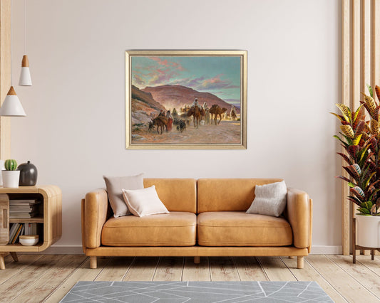 A Desert Caravan Painting by Eugine Girardet Wall Art Print framed hanging above couch 