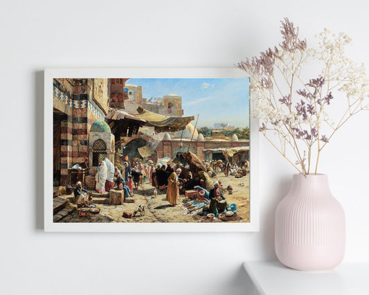 A Market in Jaffa Painting by Gustav Baurenfield, Wall Art Print framed hanging on white wall