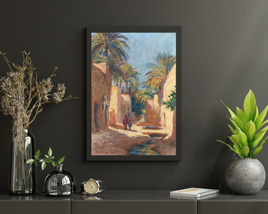 A Street in Biskra Painting by Eugine-Jules Art print Reproduction framed hanging above shelf