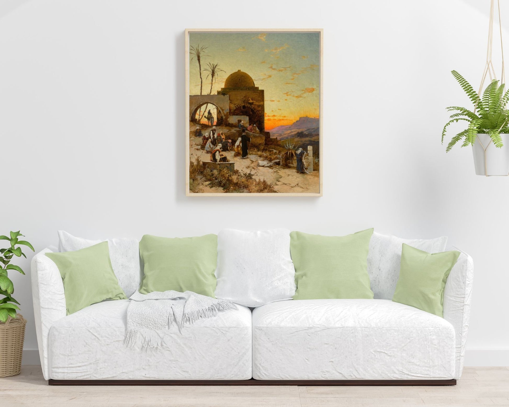 Evening Prayers Outside Jerusalem by Hermann Corrodi Wall Art Print framed hanging above white sofa