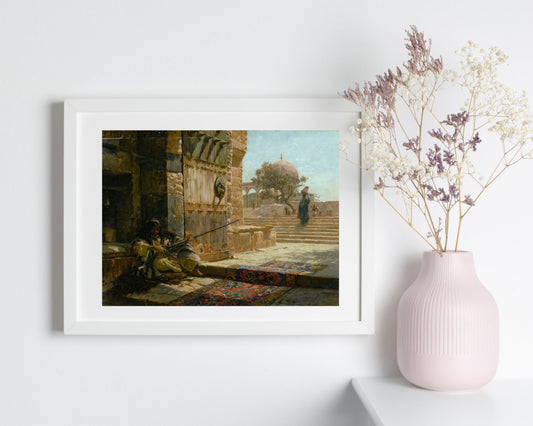 Sentinel at the Entrance by Gustav Bauernfeind Art Print white framed hanging next to white vase