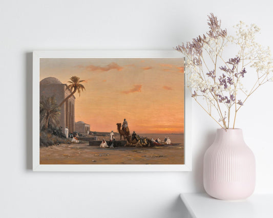 A Halt by the Well by August Veillon Middle Eastern Wall Art Print white frame
