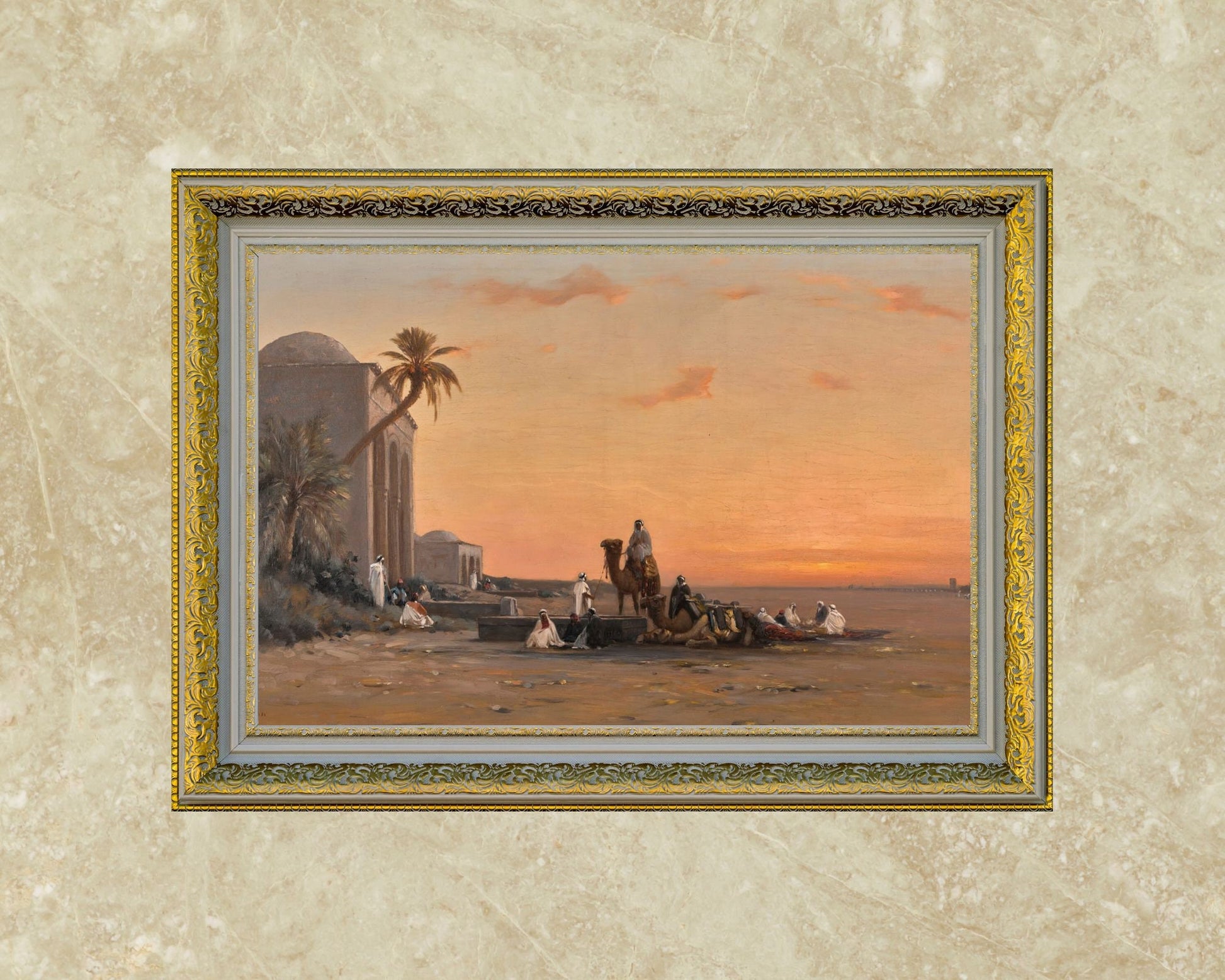 A Halt by the Well by August Veillon Middle Eastern Wall Art Print gold framed