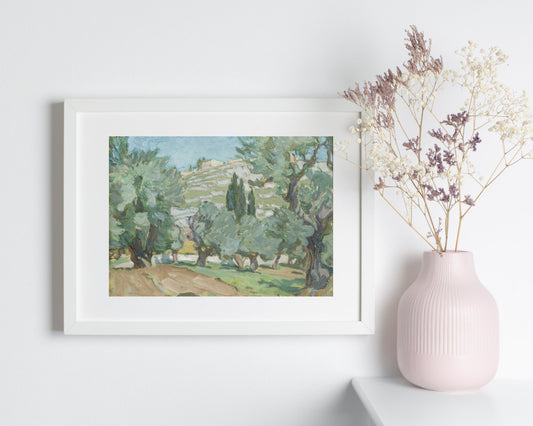Study from Jerusalem Painting by Anna Boberg Art Print reproduction framed hanging on white wall next to white vase