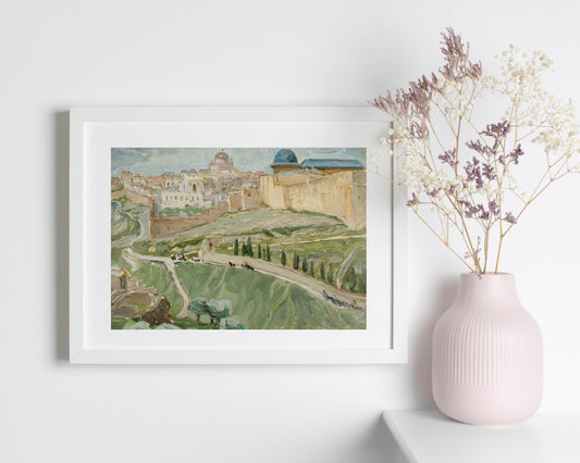 By Jerusalem Painting by Anna Boberg Wall Art Print white framed hanging on wall next to white vase