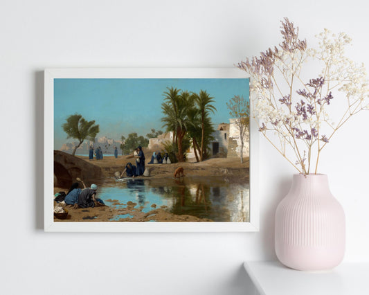 Fellah Women Drawing Water Painting by Jean Leon Art Print Reproduction white frame hanging on wall next to vase