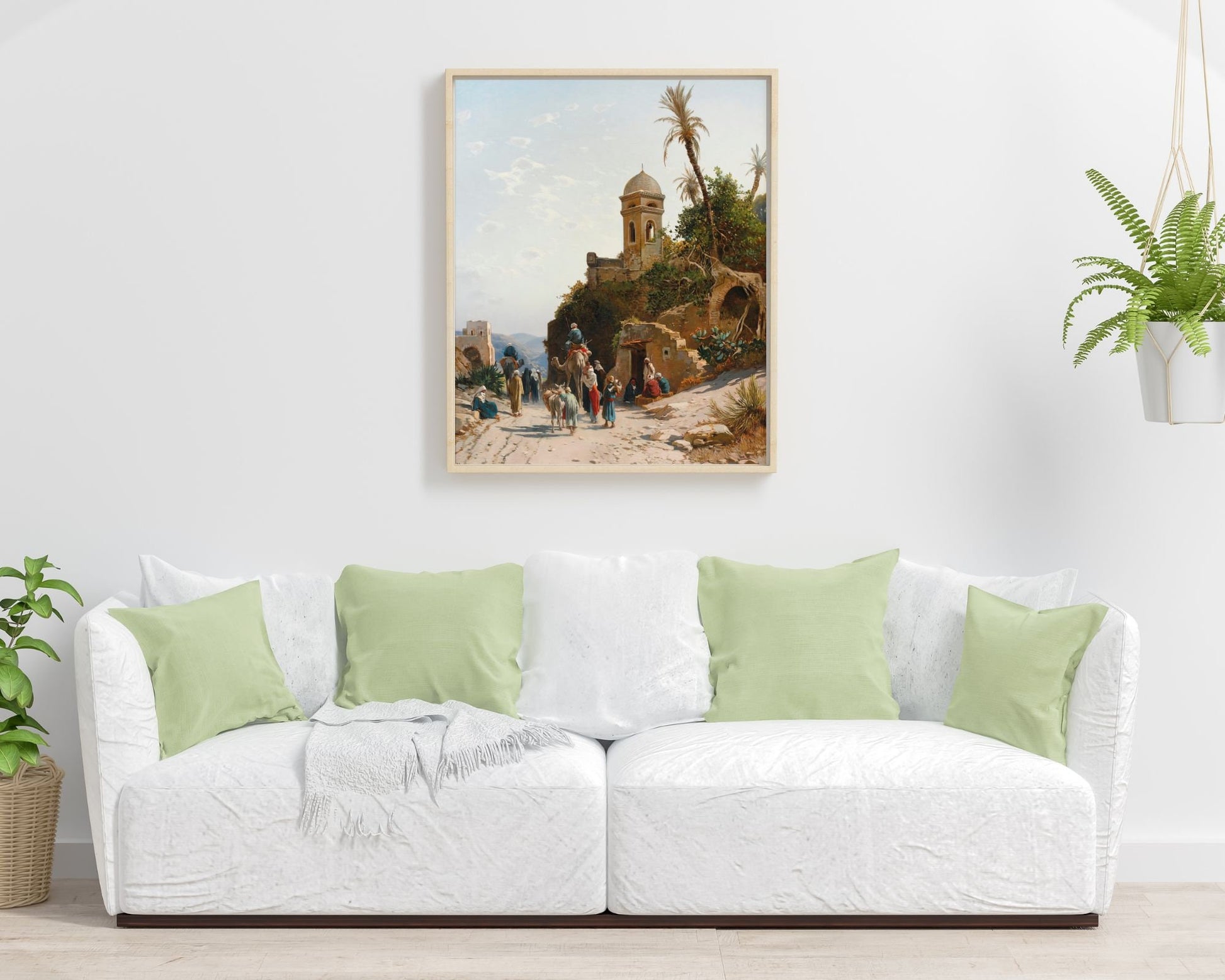 On the Road to Jerusalem Painting by Hermann David Art Print framed hanging above white sofa