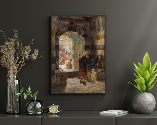 Warden of the Mosque, Damascus by Gustav Bauernfeind Art Print framed hanging above shelf