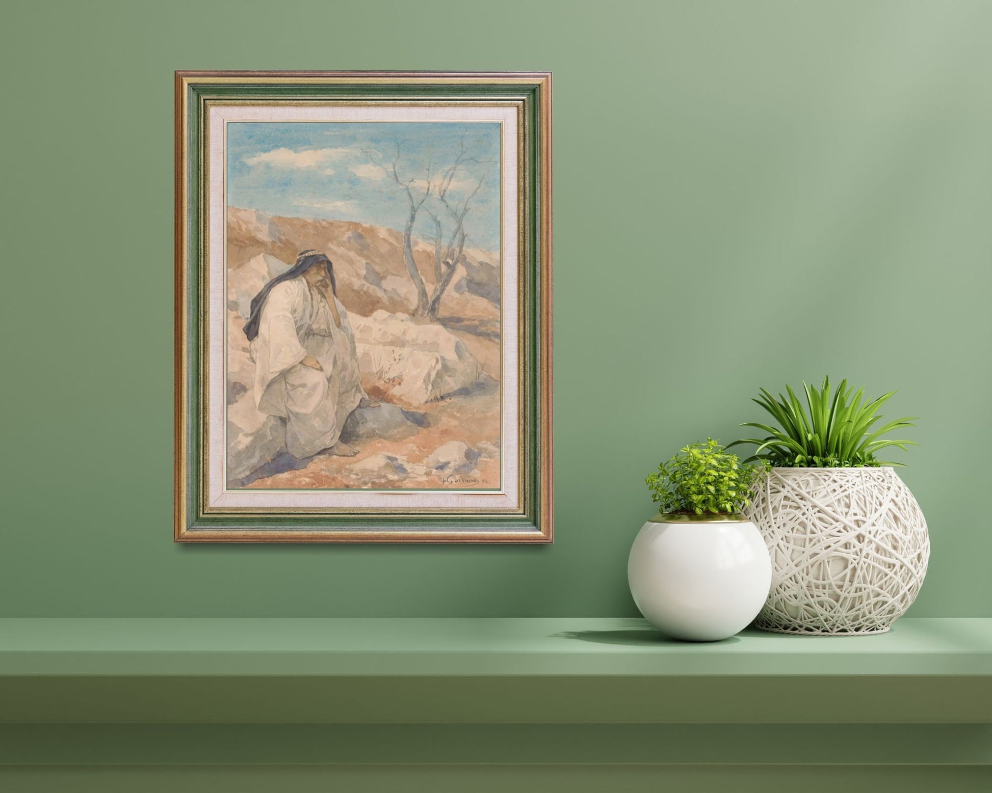 Seated Man in a Desert Painting by Juliaan De Vriendt Wall Art Print framed