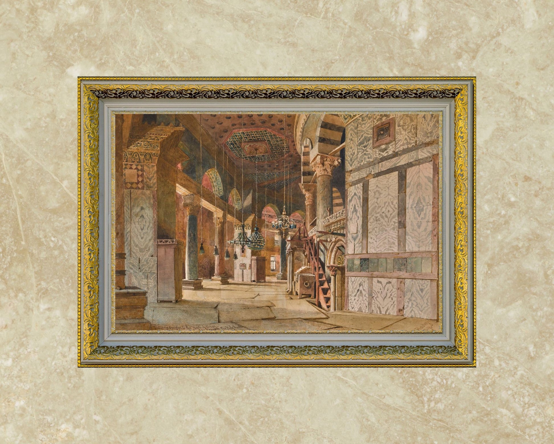The Inner Corridor of the Dome of the Rock Painting by Carl Haag Art Print framed