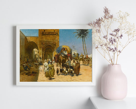 Caravan Outside a Mosque Painting by Ferencz Eisenhut Art Print white framed hanging on wall next to white vase