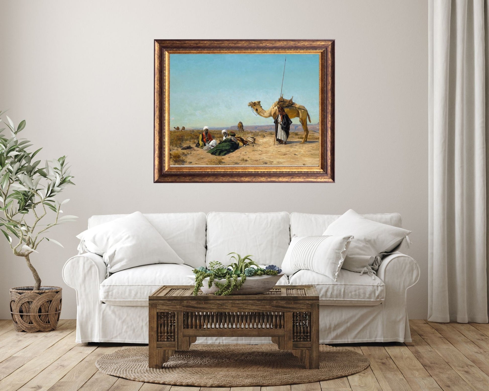 Rest in the Syrian Desert Painting by Eugen Bracht Art Print framed hanging above white sofa in living room