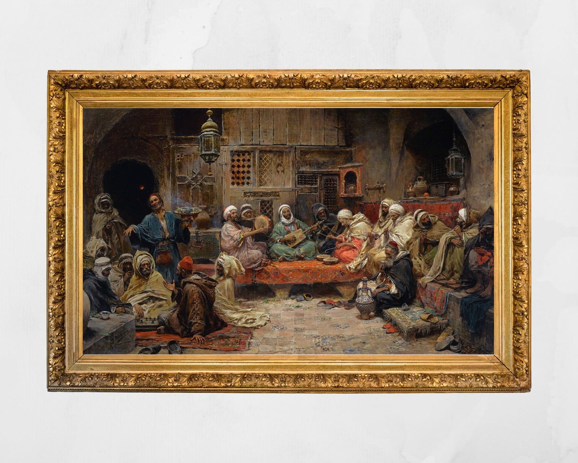 Inside a Coffee House, Tunis Painting by Jose Benlliure Art Print gold frame