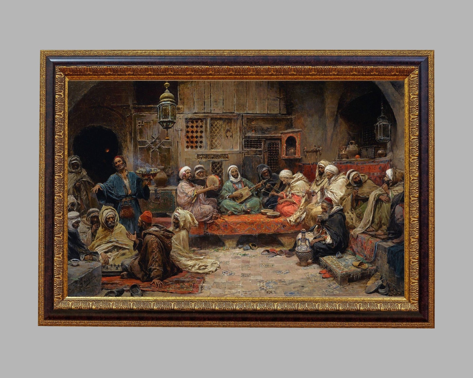Inside a Coffee House, Tunis Painting by Jose Benlliure Art Print classic frame