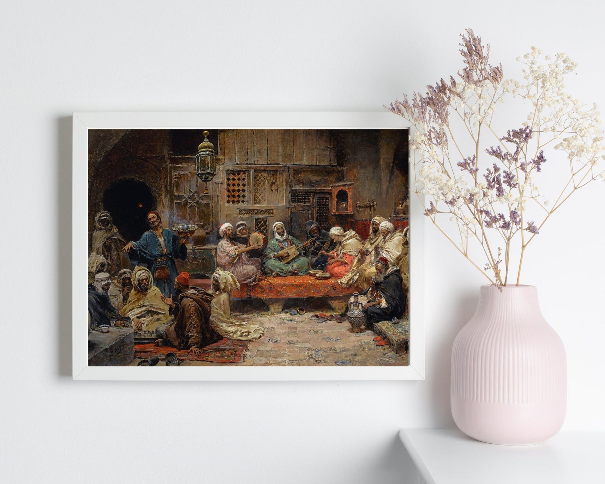 Inside a Coffee House, Tunis Painting by Jose Benlliure Art Print white frame