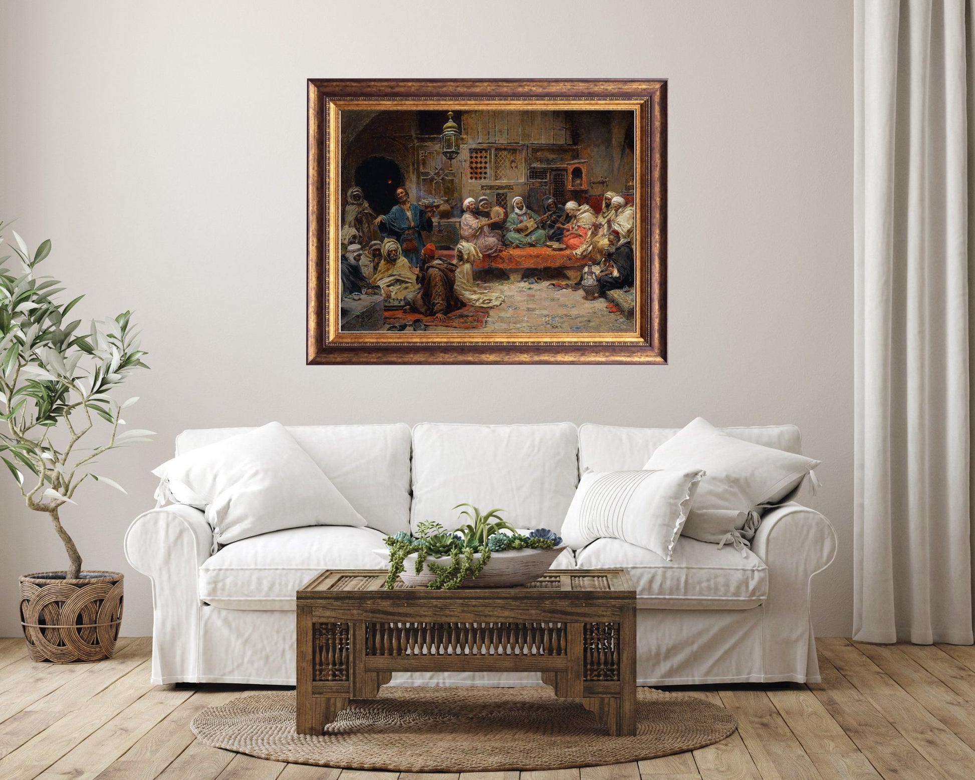 Inside a Coffee House, Tunis Painting by Jose Benlliure Art Print framed hanging on wall above white sofa