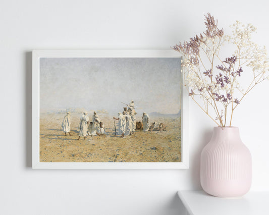 Vintage Arab Art Painting print Bedouins in the Desert by Adolf Meckel Von framed hanging on wall