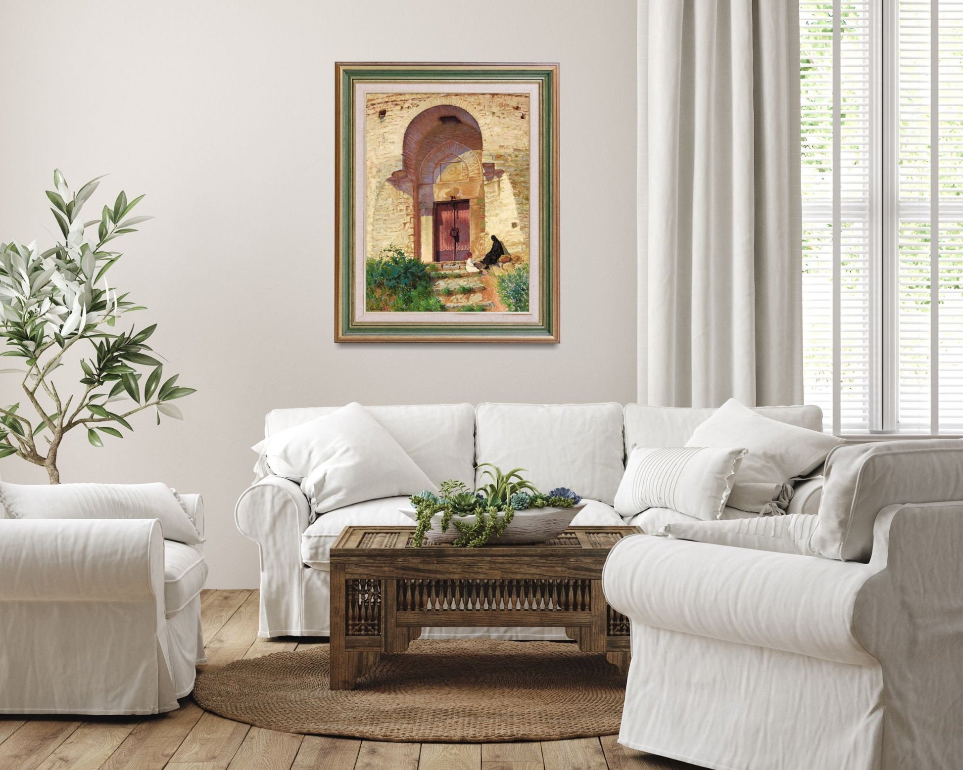 Entrance to the Mosque Painting by Panos Terlemezian Art Print  framed hanging on the wall in living room