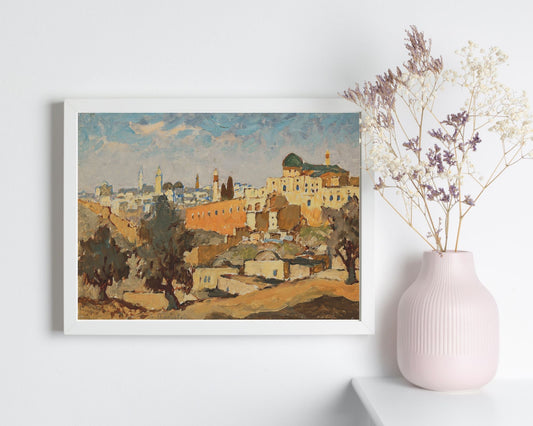 View of Jerusalem from Silwan painting by Konstantin Gorbatov Art print white framed next to white vase