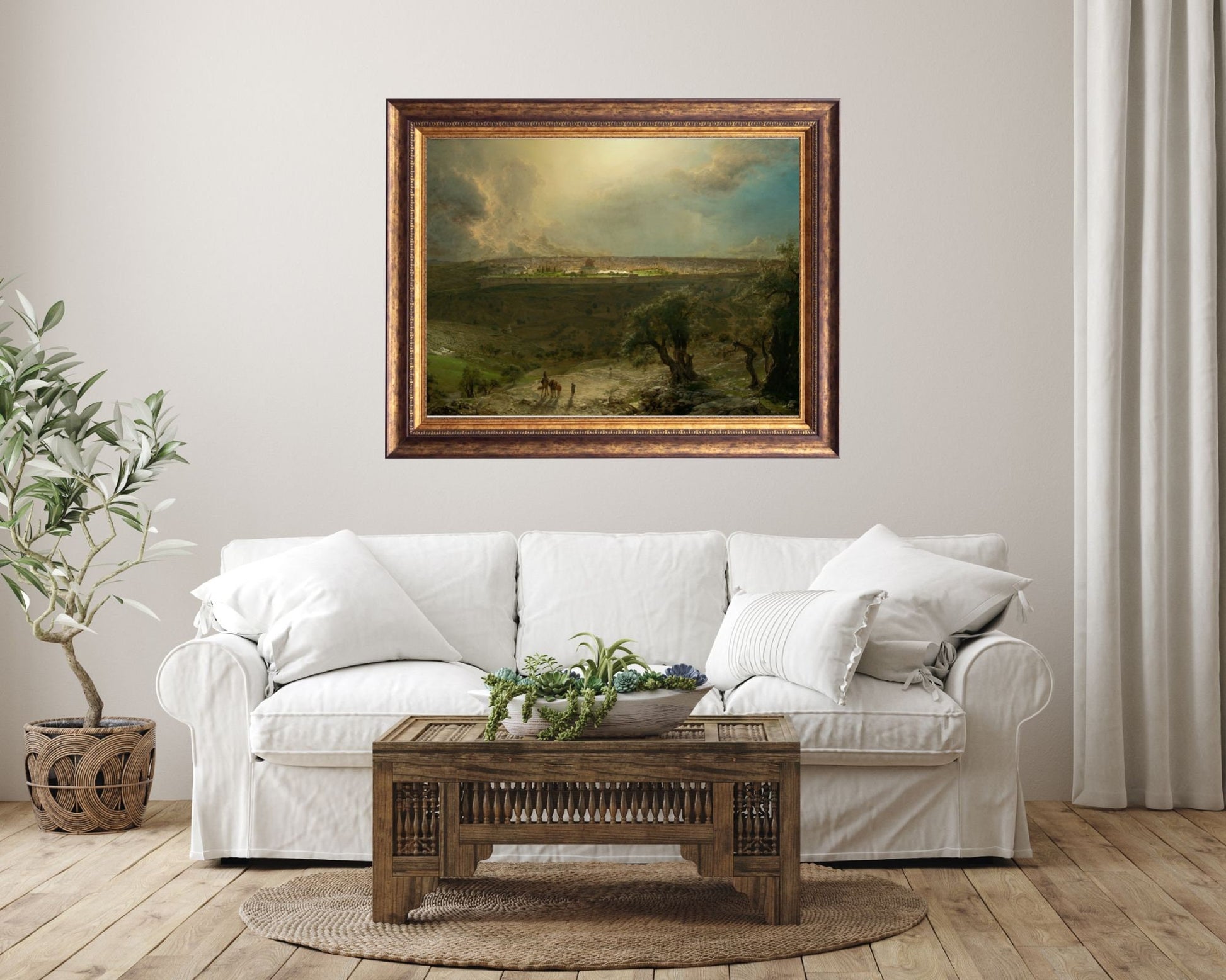 Jerusalem from the Mount of Olives Painting by Fredric Edwin Wall Art Print framed hanging on wall above white sofa