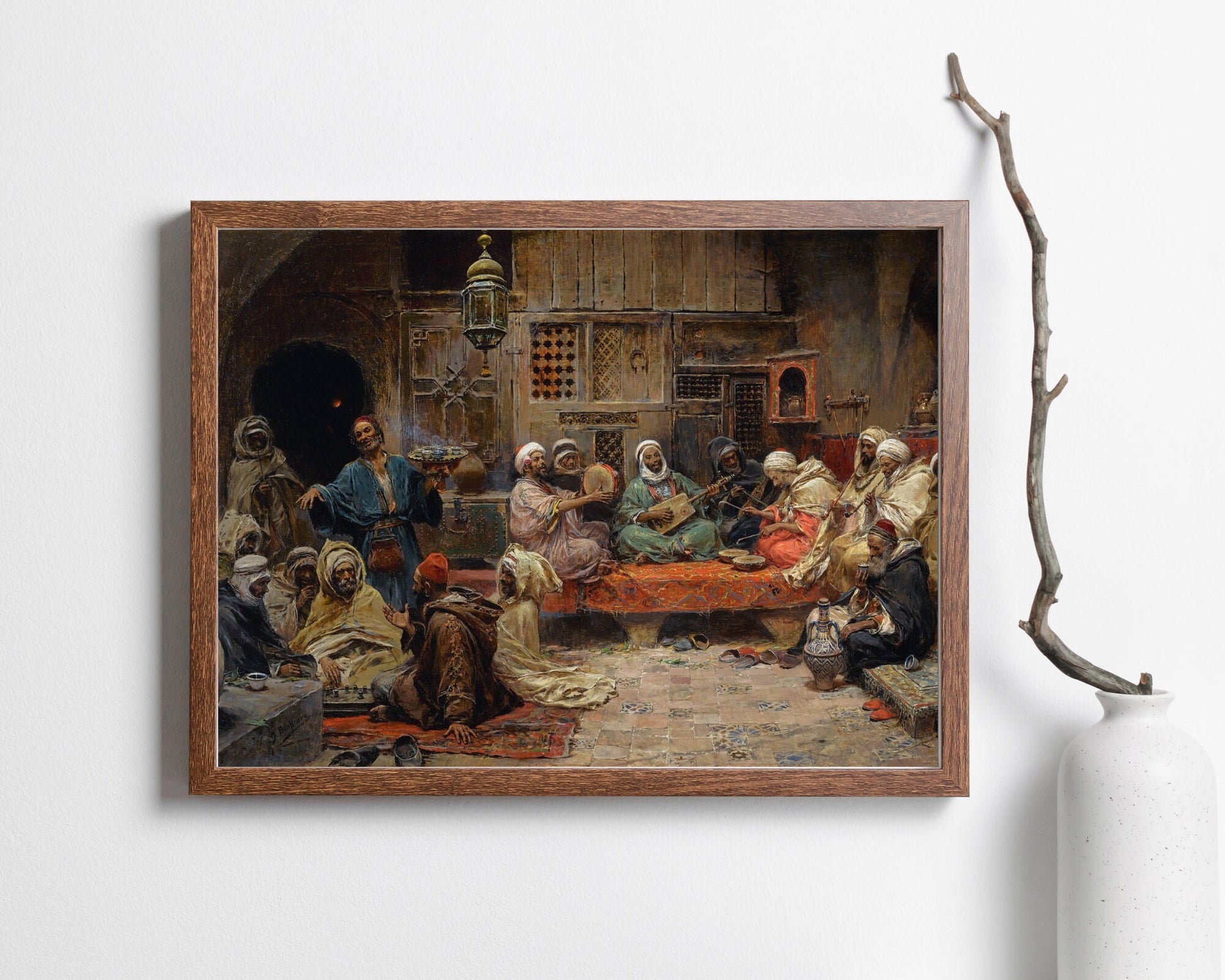 Inside a Coffee House, Tunis Painting by Jose Benlliure Art Print wood frame