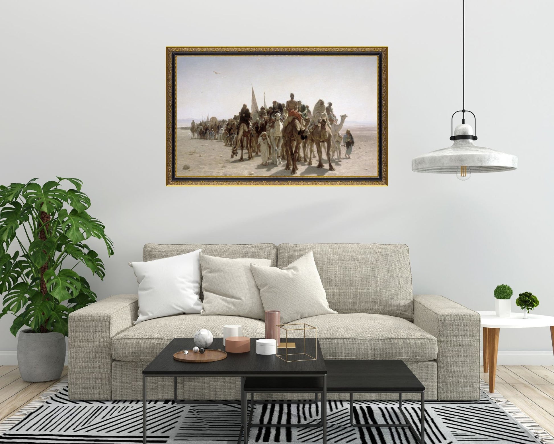 Pilgrims Going to Mecca by Leon Adolphe Auguste Wall Art Print framed hanging above sofa in living room