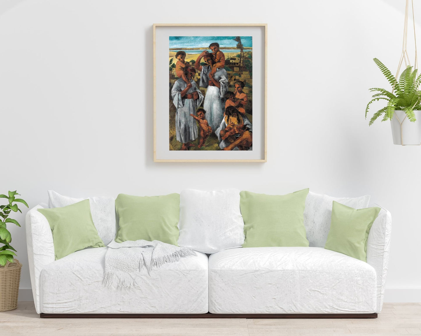 Arab Motherhood Painting by George Sabbagh Art Print framed hanging above sofa in living room