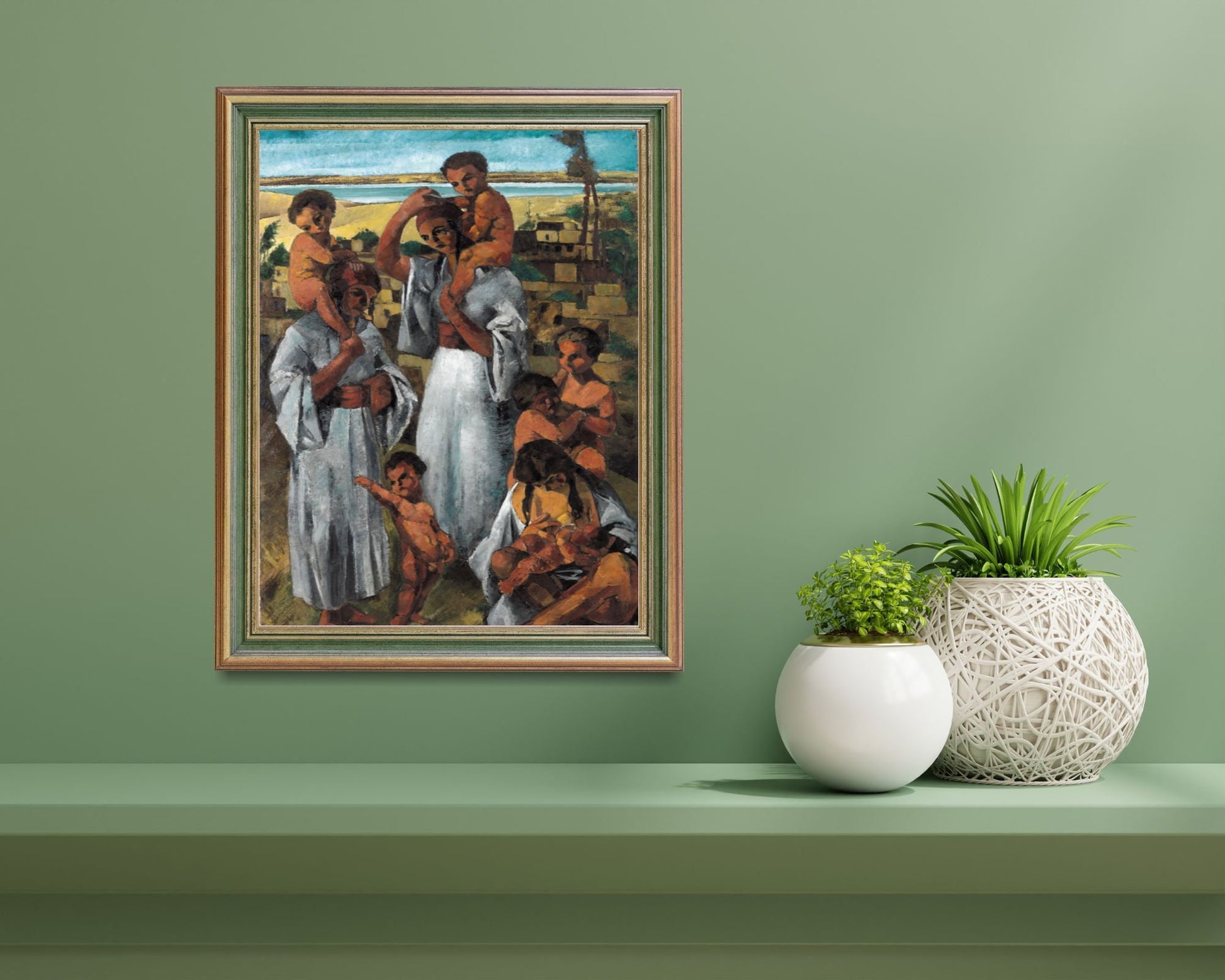 Arab Motherhood Painting by George Sabbagh Art Print framed hanging above wall shelf