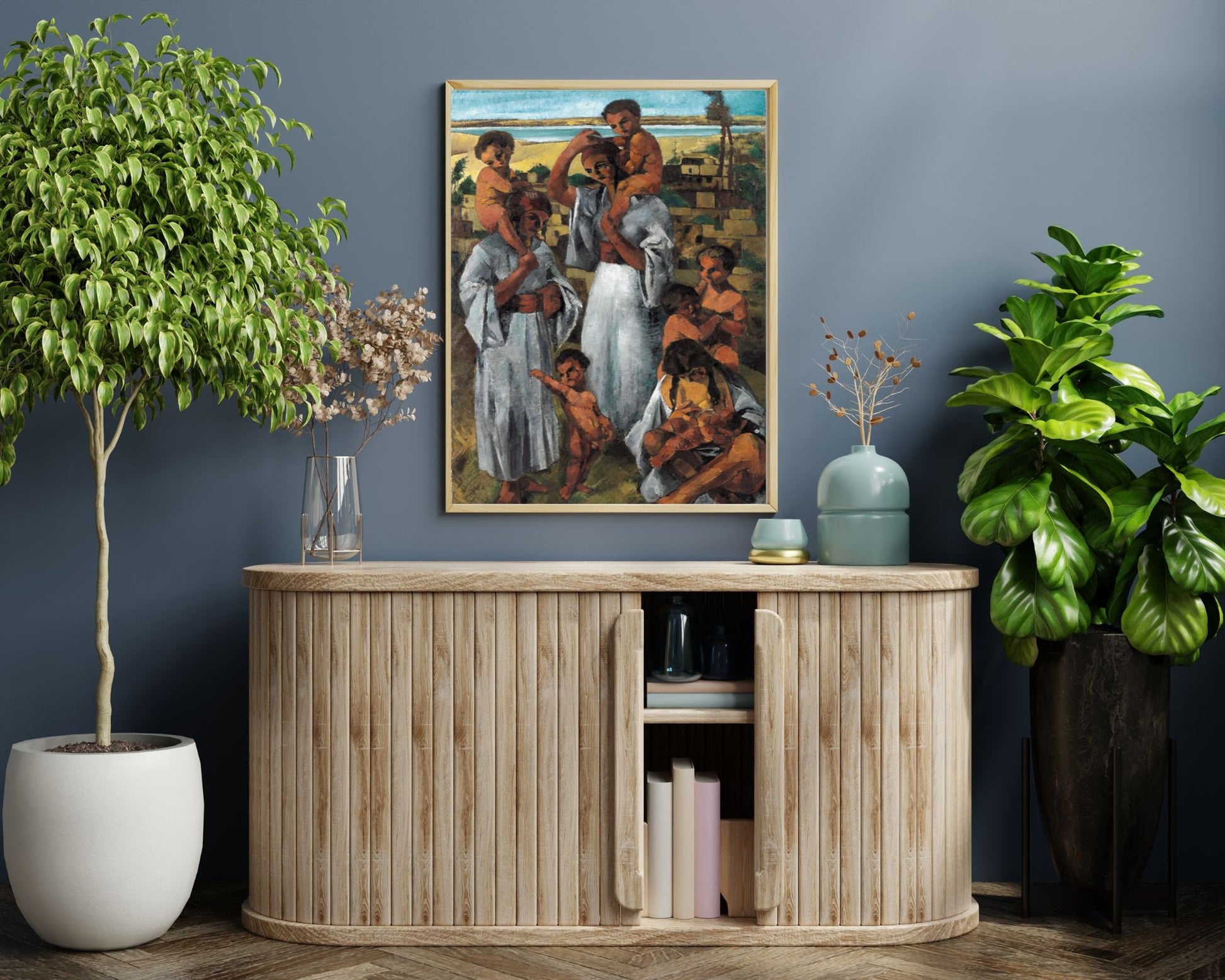Arab Motherhood Painting by George Sabbagh Art Print framed hanging above cabinet