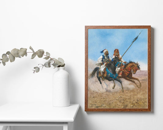 Middle Eastern Art print reproduction Two Arab Riders by Giullio Rosati wood framed hanging on wall