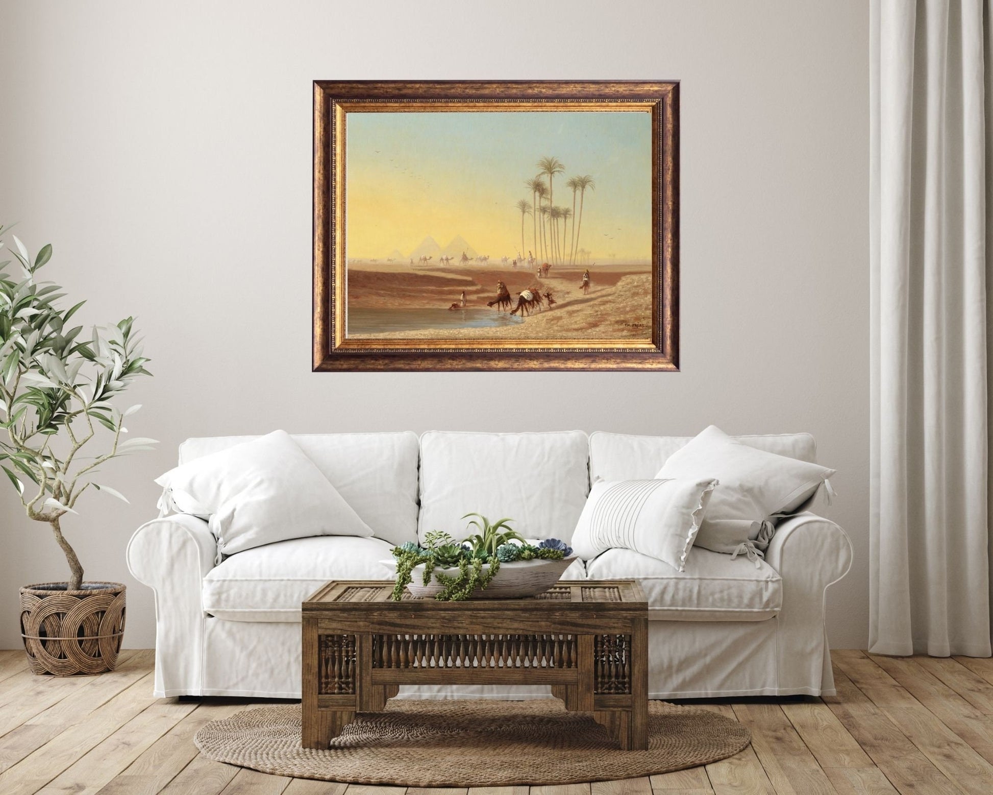 Oasis By The Pyramids Painting by Charles Theodore Wall Art Print hanging on wall in living room