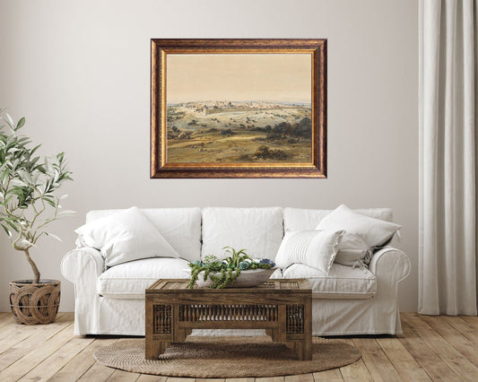 Jerusalem from the Mount of Olives Painting by Eduard Hildebrant Wall Art Print framed hanging on wall above white sofa