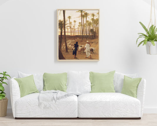 The Palm Grove Painting by Frederick Goodall Art Print framed hanging above white sofa