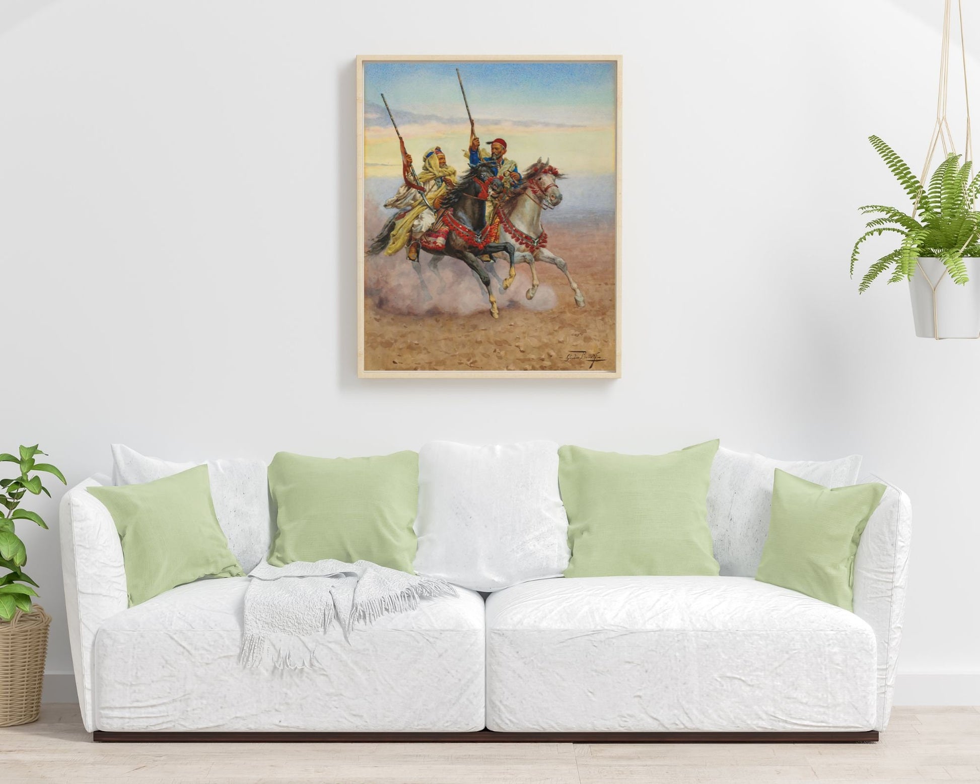 Two Horsemen Painting by Giullio Rosati Wall Art Print framed hanging on wall above white sofa