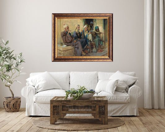 Tea Time painting by Anton Binder Art Print Reproduction framed hanging above sofa in living room