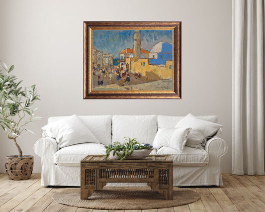 A Mosque in Jaffa Painting by Konstantin Gorbatov Art Print framed hanging on wall above sofa