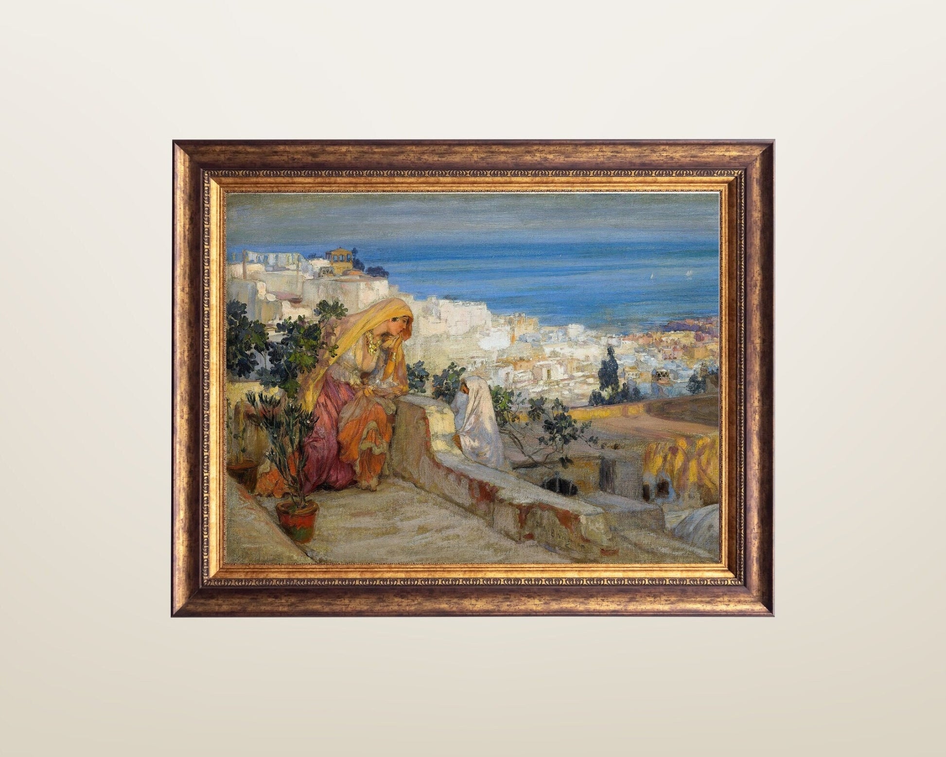 Arab Women on a Rooftop, Algiers Beyond by Frederick Bridgman Wall Art Print framed