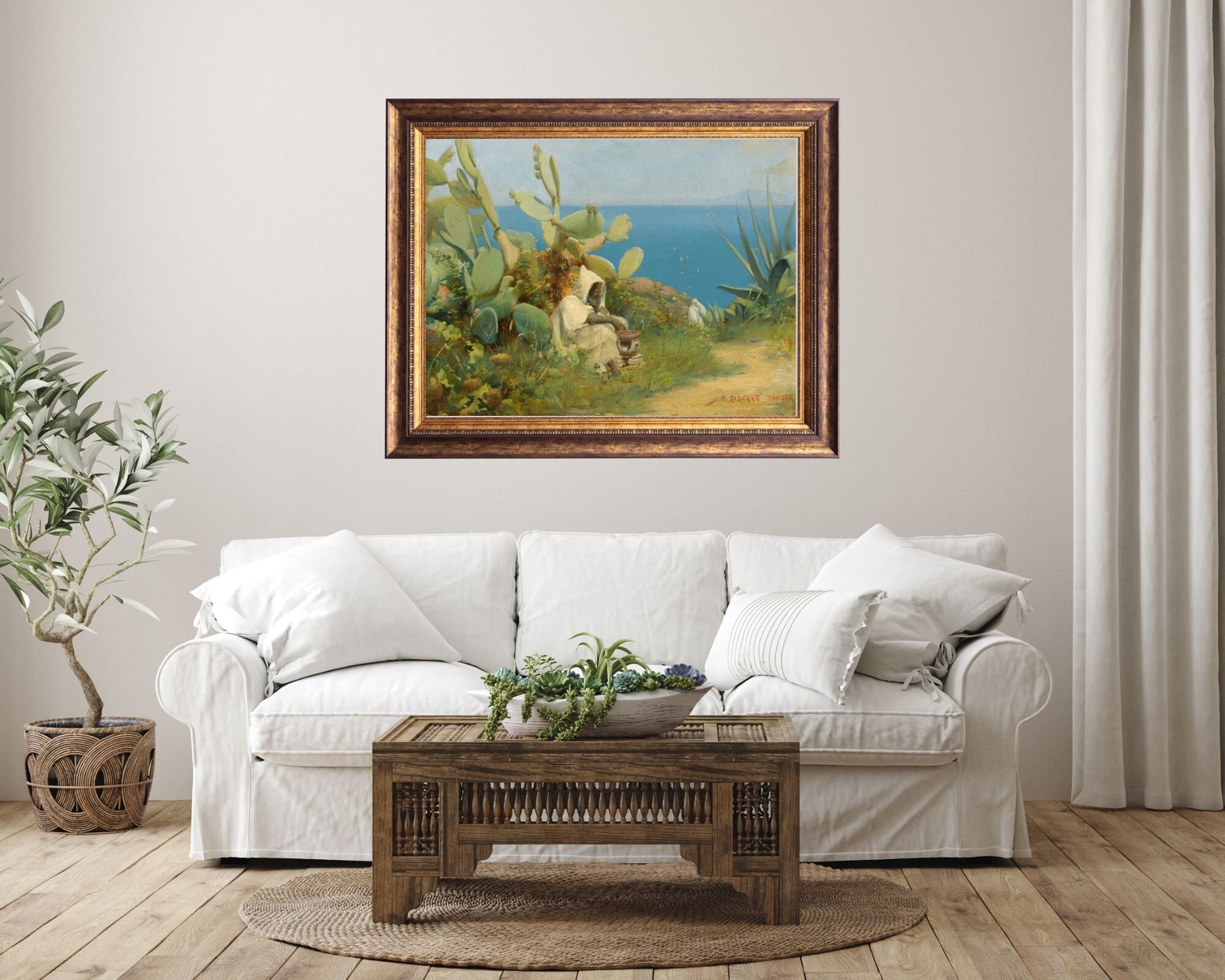 Moroccan Tangier Painting by Jean Discart Wall Art Print framed hanging in living room above white couch